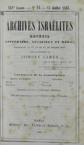 Archives israélites de France. Vol.25 N°14 (15 juil. 1864)